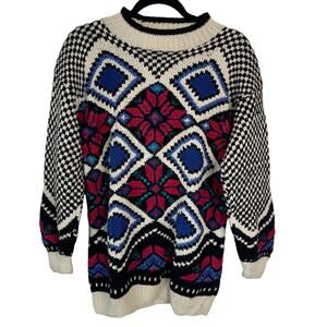 Vintage HKA Design Knitted by Hand Crew Neck Graphic Sweater Tunic Size Small
